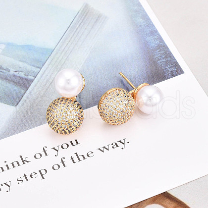 Brass Micro Pave Cubic Zirconia and ABS Imitation Pearl Stud Earrings KK-T074-47G-1
