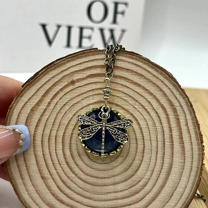 Bohemian Flat Round with Dragonfly Pattern Alloy Dark Cyan Glass Pendant Necklaces for Women FS-WG33723-01-1