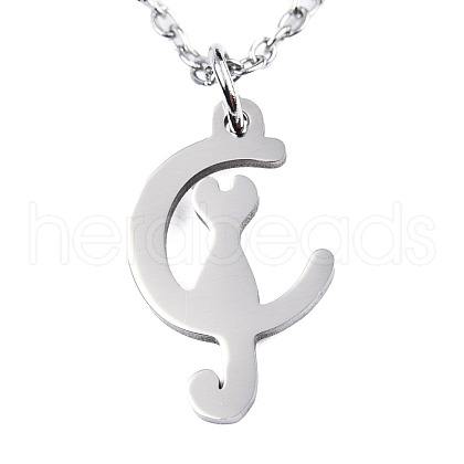 Non-Tarnish 201 Stainless Steel Kitten Pendant Necklaces NJEW-S105-JN588-40-1-1