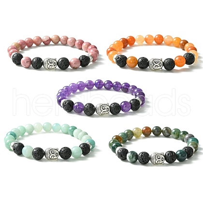 Natural Mixed Stone & Lava Rock & Tibetan Style Buddha Head Beaded Stretch Bracelet for Girl Women BJEW-JB09634-1