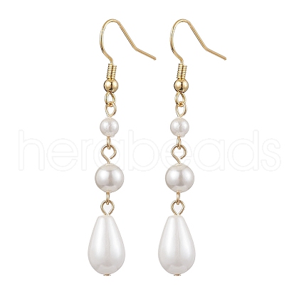 Teardrop Shell Pearl & Brass Dangle Earrings for Women EJEW-TA00513-1