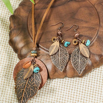 Bohemian Style Leaf Alloy & Wood Pendant Necklaces & Dangle Earrings Sets WG5D754-01-1
