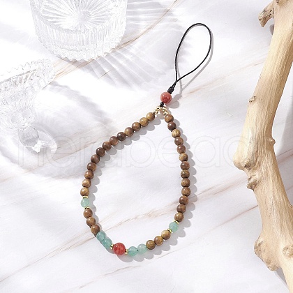 Natural & Green Aventurine & Carnelian & Wood Round Beaded Phone Hand Strap Chains HJEW-JM03364-03-1