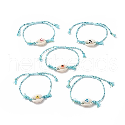Natural Cowrie Shell with Evil Eye Braided Bead Bracelet with Nylon & Cotton Cord for Women BJEW-JB09140-1