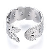 Non-Tarnish 304 Stainless Steel Leaf Open Cuff Ring for Women RJEW-N040-11-3