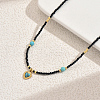 Vintage Stainless Steel Pave Synthetic Turquoise Heart Pendant Glass Faceted Round Beaded Necklaces for Women UN1640-5