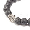 Natural Lava Rock Round Beaded Stretch Bracelet with Hamsa Hand BJEW-JB07693-5