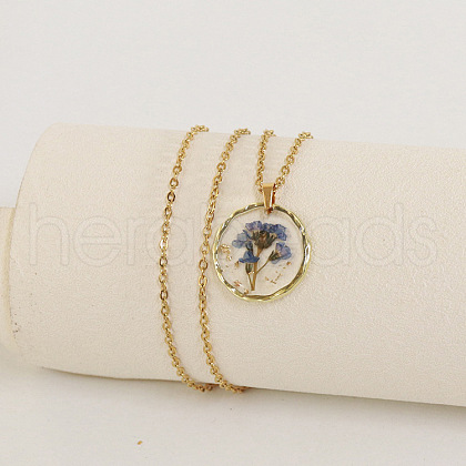 Alloy & Plastic Inner Flower Flat Round Pendant Necklaces FS-WG8915D-06-1