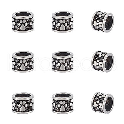 Unicraftale 10Pcs Column with Paw Print 304 Stainless Steel European Beads STAS-UN0060-10-1