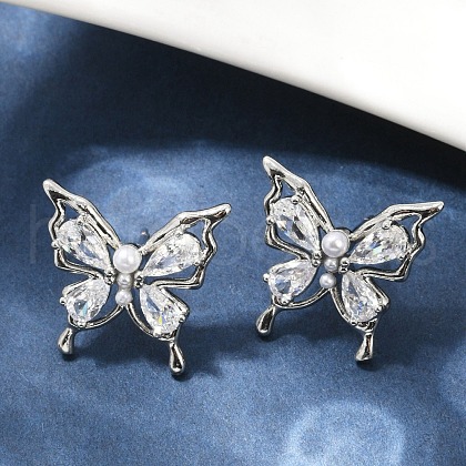 Butterfly Brass Micro Pave Cubic Zirconia Stud Earrings EJEW-M082-17P-02-1