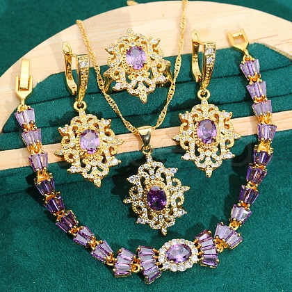 Flower Brass Pave Cubic Zirconia Pendant Necklaces & Earring & Ring & Link Bracelets Sets for Women FS-WG51B69-01-1