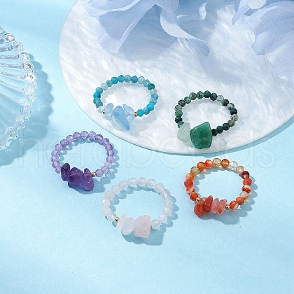 Natural Gemstone Beaded Rings RJEW-TA00191-1