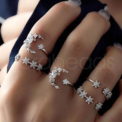 5Pcs Moon & Flower Alloy with Crystal Rhinestone Cuff Rings FS-WGA9DDB-01-1