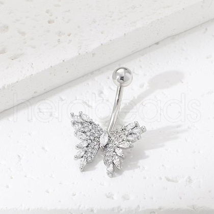 Brass Pave Clear Cubic Zirconia Curved Barbell Butterfly Belly Rings AJEW-L099-01A-P-1