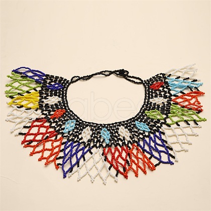 Ethnic Style Glass Seed Beaded Tassel Collar Choker Necklaces for Women FS-WGA40E8-02-1