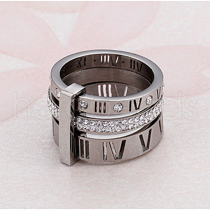 Roman Numerals 304 Stainless Steel & Crystal Rhinestone Finger Rings FS-WGD9A22-49-1