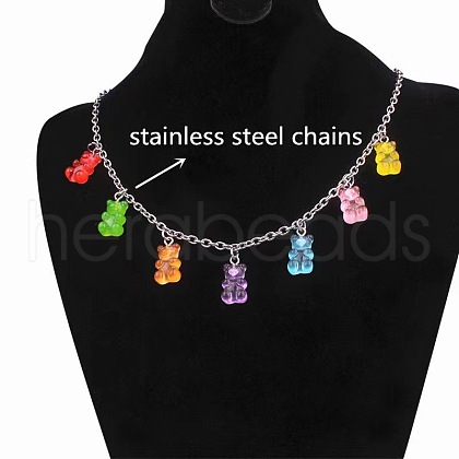 Stainless Steel & Resin Bear Tassel Necklaces for Women FS-WG1AE8B-01-1
