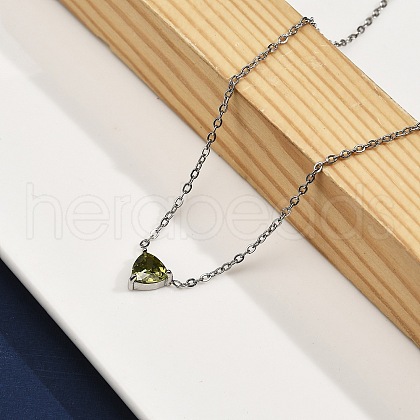 304 Stainless Steel Olive Cubic Zirconia Triangle Pendant Necklaces for Women NJEW-Z064-01P-1