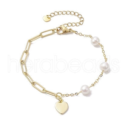 Natural Cultured Freshwater Pearl Beads Paperclip Chains Heart Charm Bracelets with Lobster Claw Clasps BJEW-JB10192-1