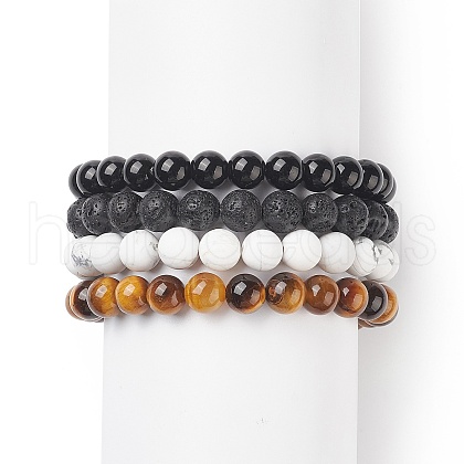 4Pcs 4 Style Synthetic & Natural Mixed Gemstone Round Beaded Stretch Bracelets Set for Men Women BJEW-JB08872-1