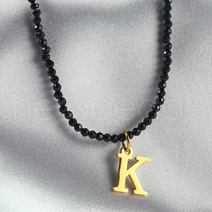 304 Stainless Steel Initial Pendant Black Glass Faceted Round Beaded Pendant Necklaces for Women FS-WGC61DE-11-1