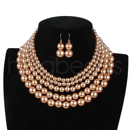 Plastic Pearl Round Beaded Multilayer Necklaces & Dangle Earrings Sets FS-WGEBA88-04-1