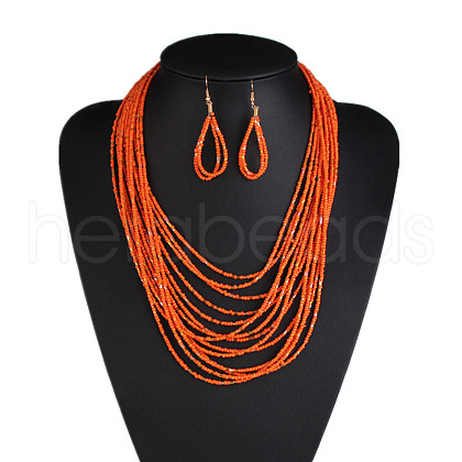 Bohemian Style Glass Seed Beaded Multilayer Necklaces & Teardrop Dangle Earrings Sets WG1B7AB-04-1