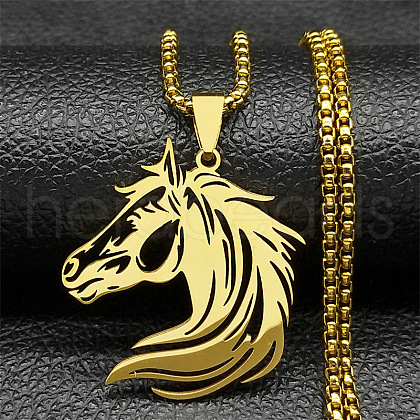Horse Head 304 Stainless Steel Pendant Necklaces for Men Women NJEW-K283-14G-1