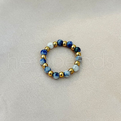201 Stainless Steel with Natural Blue Spot Jasper Round Beaded Stretch Finger Rings FS-WGCE9C4-01-1