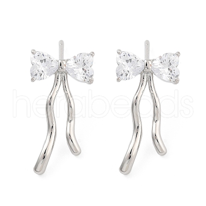 Bowknot Brass Pave Clear Cubic Zirconia Stud Earrings for Women EJEW-S216-02B-P-1