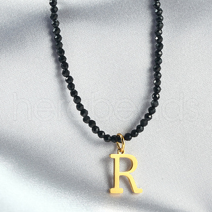 304 Stainless Steel Initial Pendant Black Glass Faceted Round Beaded Pendant Necklaces for Women FS-WGC61DE-18-1