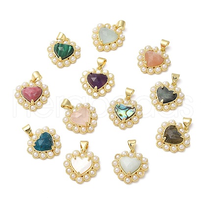 Ion Plating(IP) Natural Mixed Gemstone Heart Pendant with Plastic Pearl Beaded G-E599-05G-1