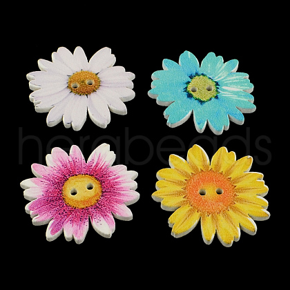 Flower 2-Hole Printed Wooden Buttons X-BUTT-R032-127-1