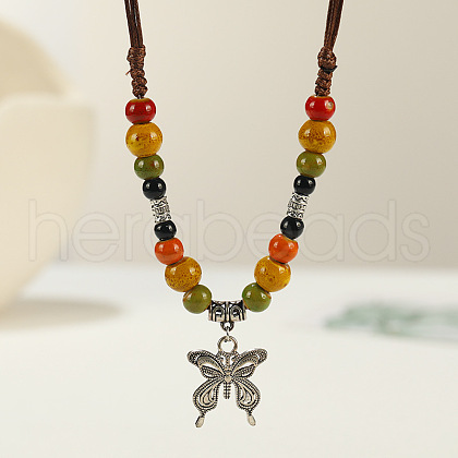 Ethnic Style Butterfly Alloy & Porcelain Beads Pendant Long Necklaces for Women FS-WG12891-11-1