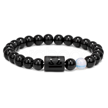 12 Constellations Protetion Aquamarine & Black Obsidian Round Beads Stretch Bracelets for Men Women WG083ED-03-1