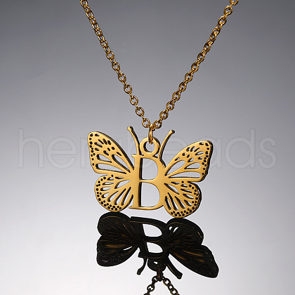 304 Stainless Steel Butterfly Initial Pendant Necklaces WG80197-02-1