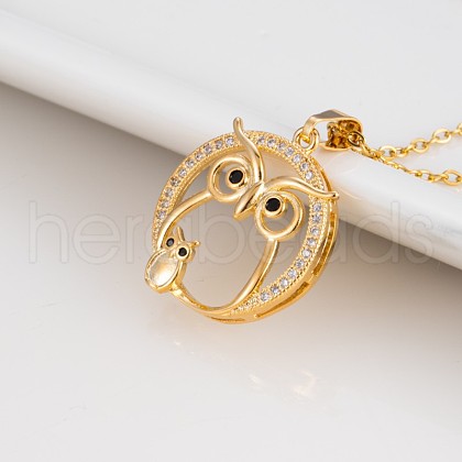 Mother's Day Mom and Baby Owl Brass Micro Pave Clear Cubic Zirconia Pendant Necklaces for Women FS-WG252EE-02-1