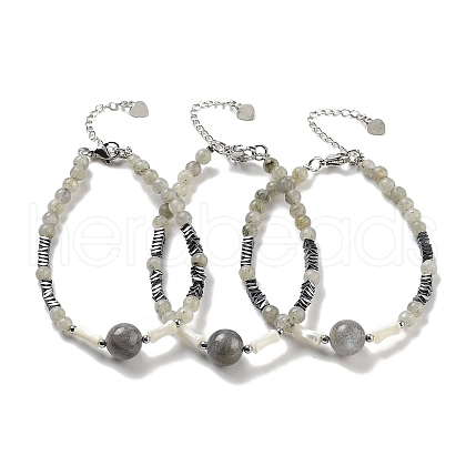 Natural Labradorite Round & Synthetic Non-magnetic Hematite & White Shell Beaded Bracelets for Women BJEW-K251-02E-1