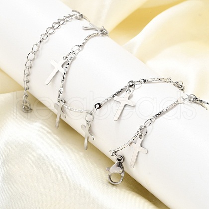 304 Stainless Steel Textured Link Bar Cross Charm Tassel Necklaces NJEW-R023-01P-1