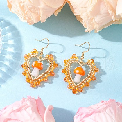 Heart with Mushroom Handmade Lampwork Dangle Earrings EJEW-MZ00450-02-1