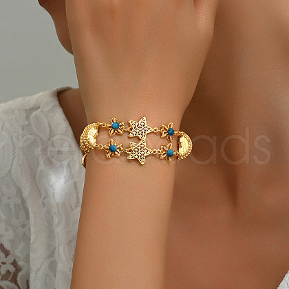 Fashionable Star & Bowknot Real 18K Gold Plated Alloy Synthetic Turquoise Link Bracelets for Women UO3899-1