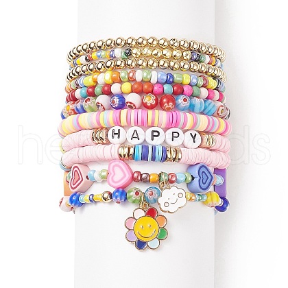 11Pcs 10 Style Synthetic Turquoise(Dyed) & Hematite & Millefiori Glass Stretch Bracelets Set with Word Happy Beaded BJEW-JB08832-1
