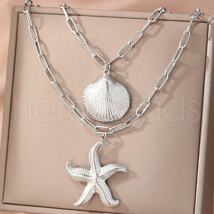 Bohemian Summer 201 Stainless Steel Shell Shape Starfish Pendant Double Layered Necklaces for Women FS-WGD4094-02-1