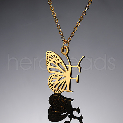304 Stainless Steel Butterfly Initial Pendant Necklaces WG80197-06-1