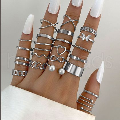 22Pcs Alloy with Plastic Pearl Finger Rings WGEFB3C-03-1
