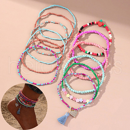 Bohemian Resin & Glass Seed Beaded Stretch Multi-Layered Anklet Sets WG187EB-01-1