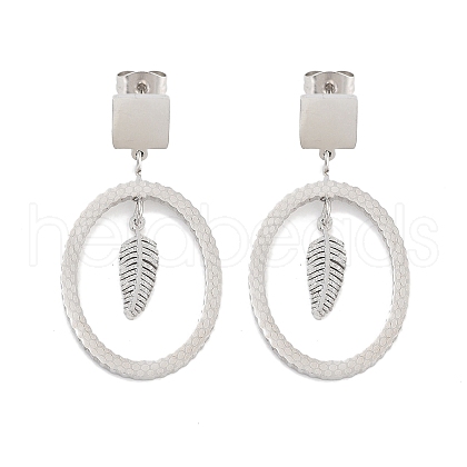 Tarnish Resistant Oval with Leaf 304 Stainless Steel Dangle Earrings EJEW-L283-108P-1