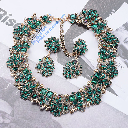 Flower Alloy Rhinestone Chain Necklaces & Stud Dangle Earrings Sets FS-WG8AADA-10-1