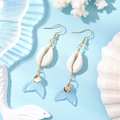 Natural Cowrie Shell Glass Dangle Earrings EJEW-JE06385-03-1