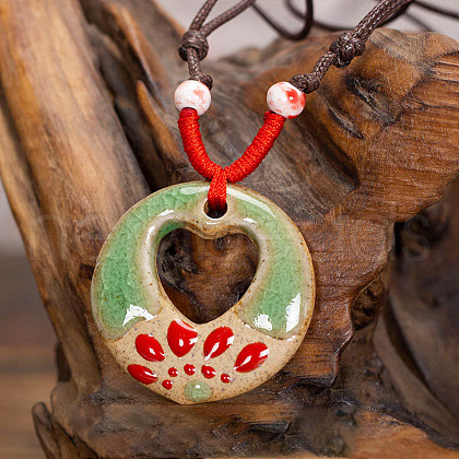 Retro Ethnic Porcelain Pendant Adjustable Polyester Cord Necklaces for Women FS-WGD020A-08-1